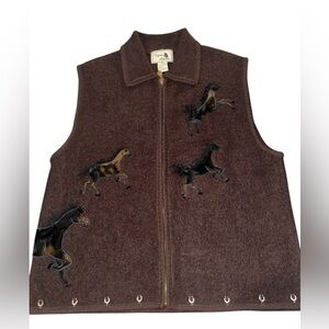 Vintage Equine Artwear 100% Boiled Wool brown Vest with Black horse appliques